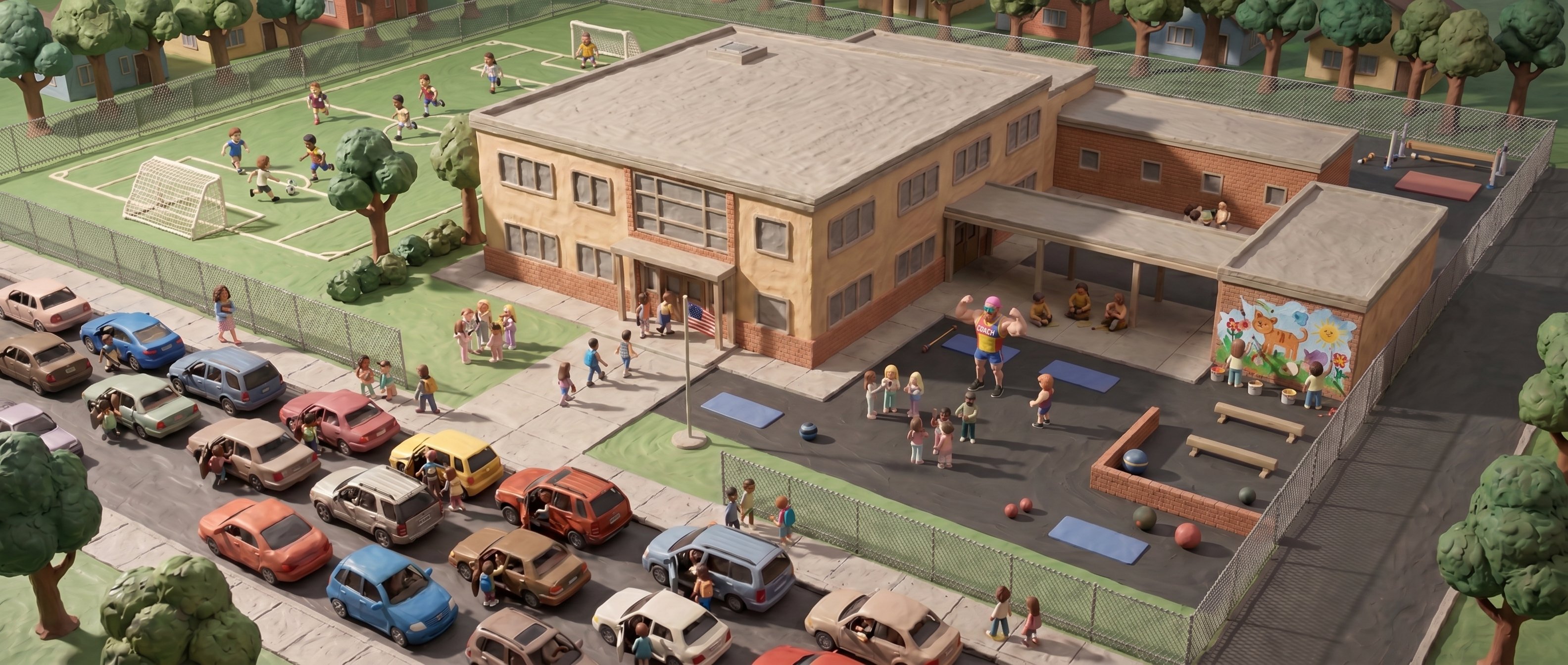 Aerial view of Mixed Up's school location, claymation-style still